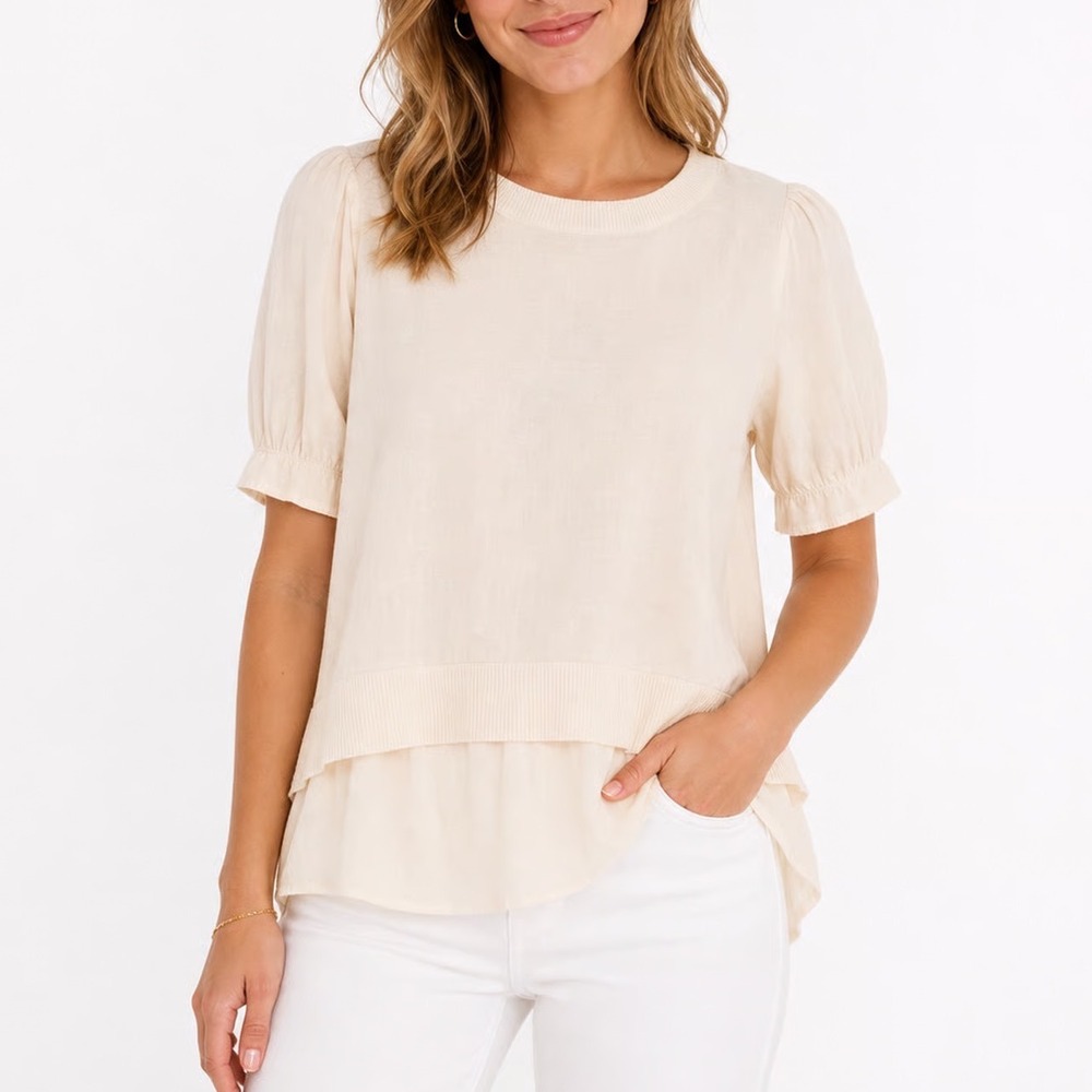 LOFT Cream Layered Crewneck Sweater